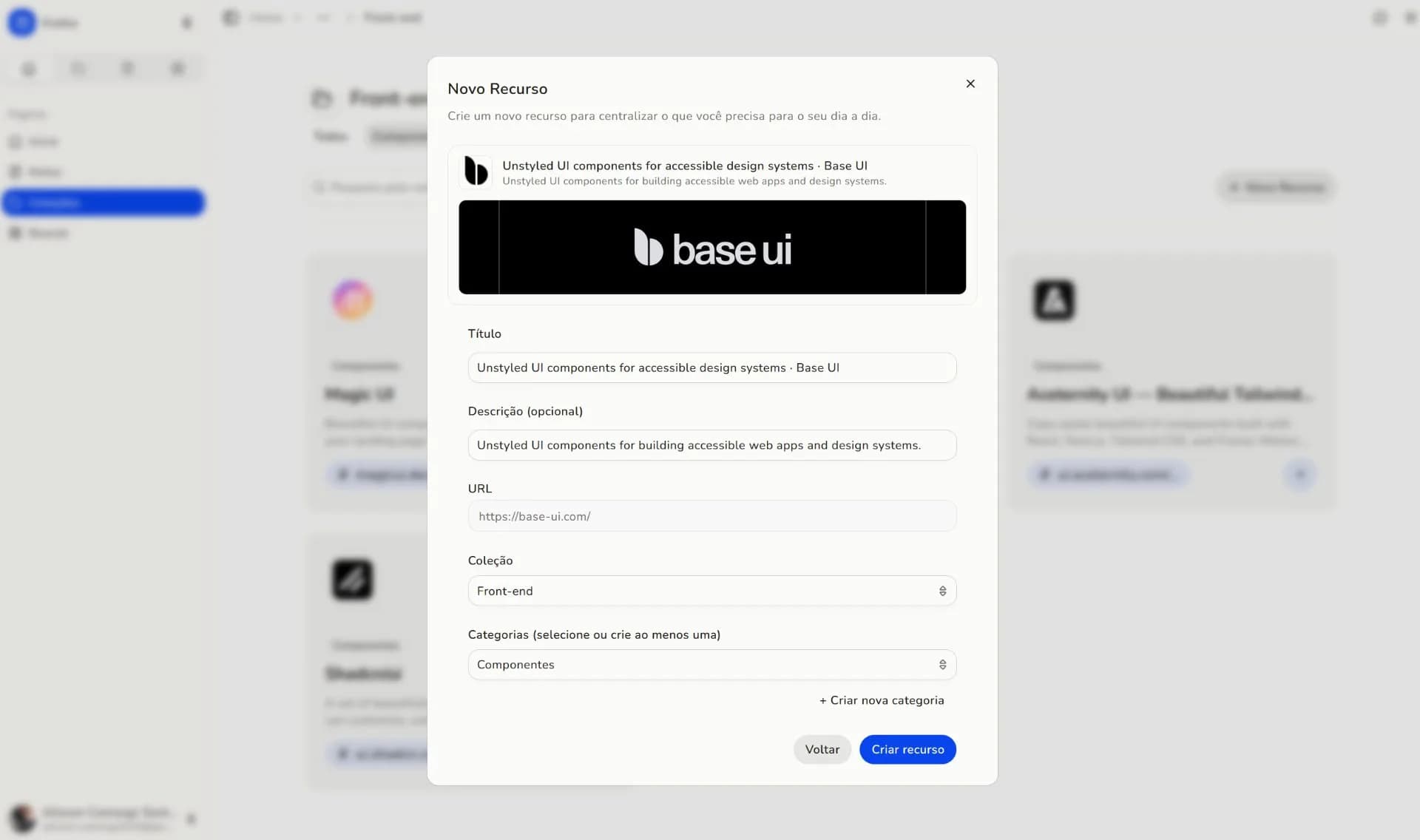 Modal de novo recurso com link e preview automático